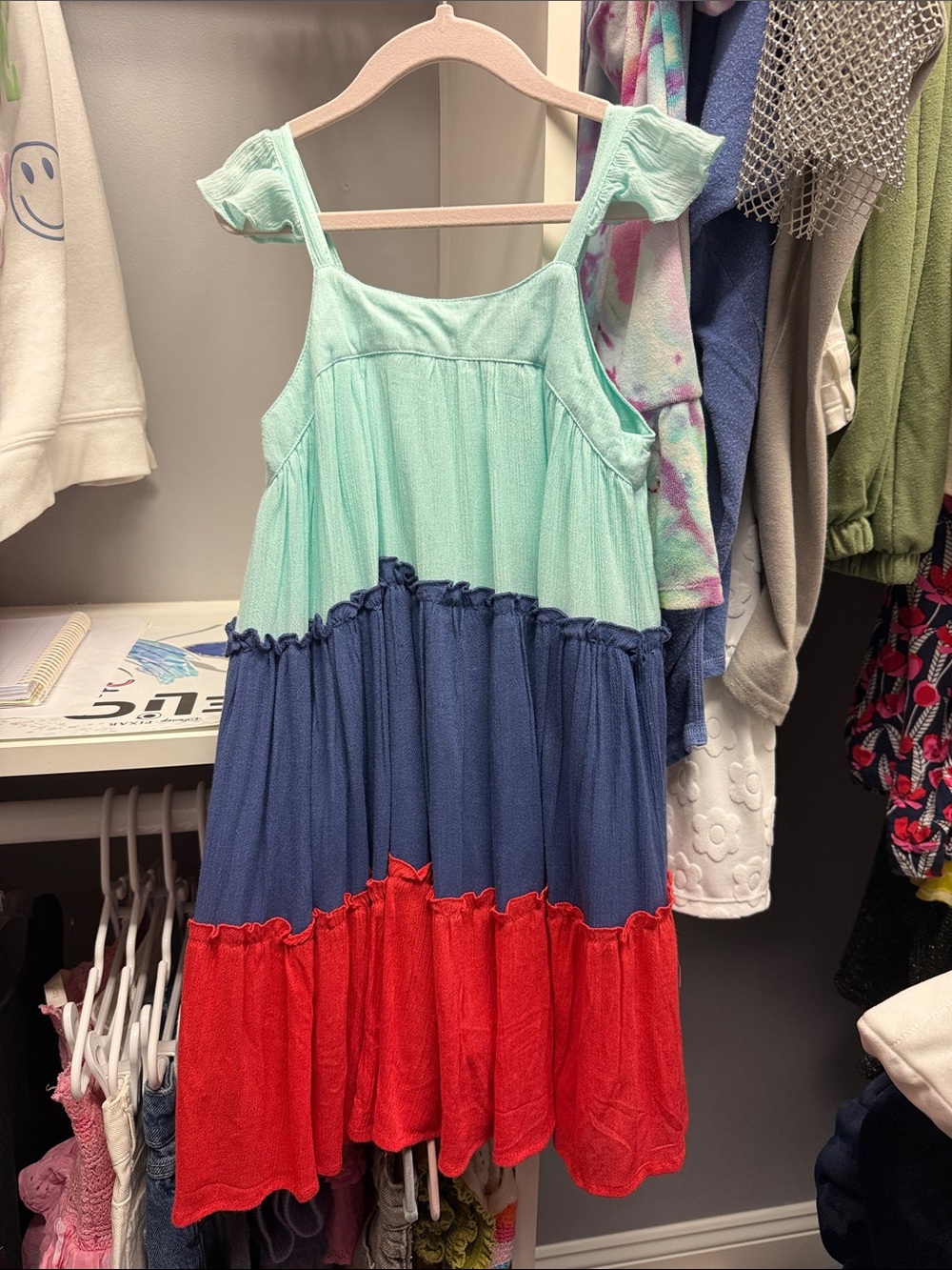 French Connection Colorblock Tiered Dress - Mint, Navy & Red